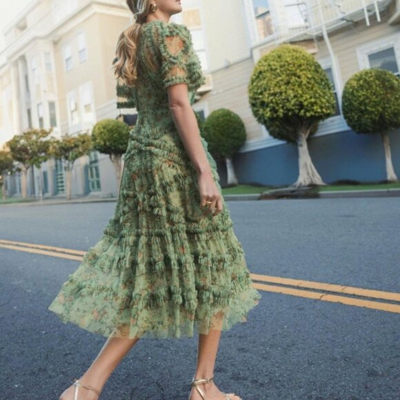 NWT Mac Duggal Floral Flutter Sleeve Mesh Print Dress - Sage Multi - size 8 - Picture 2 of 8